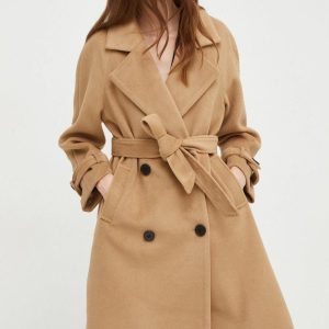 Answear Lab płaszcz z domieszką wełny kolor brązowy przejściowy