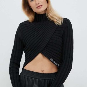 Calvin Klein Jeans sweter z domieszką wełny damski kolor czarny lekki z półgolfem