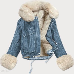 DAMSKA KURTKA JEANSOWA Z FUTRZANĄ PODPINKĄ NIEBIESKA-ECRU (9020#)