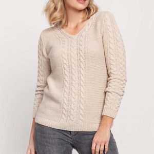 Klasyczny warkoczowy sweter z dekoltem (Beżowy