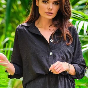 Luźna koszula damska z podwijanymi rękawami (Czarny