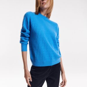 Reserved - PREMIUM Wełniany sweter o warkoczowym splocie z domieszką certyfikowanego kaszmiru - Niebieski