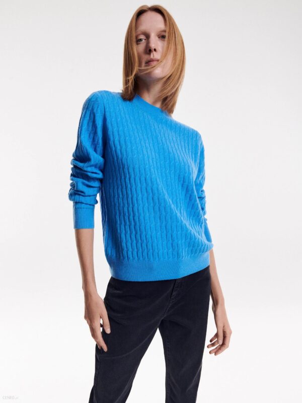 Reserved - PREMIUM Wełniany sweter o warkoczowym splocie z domieszką certyfikowanego kaszmiru - Niebieski