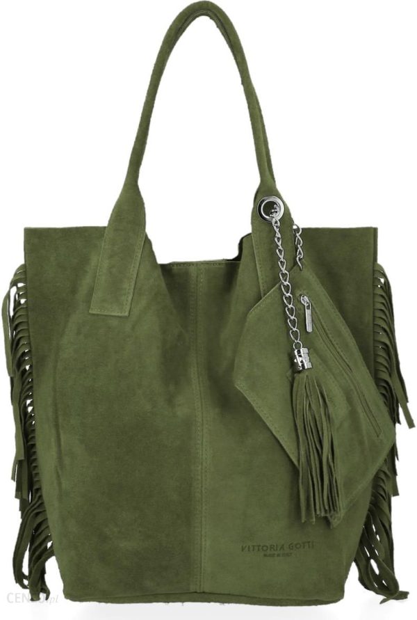 Włoska Torebka Skórzana Shopper Bag z Frędzlami renomowanej firmy Vittoria Gotti Zielona (kolory)